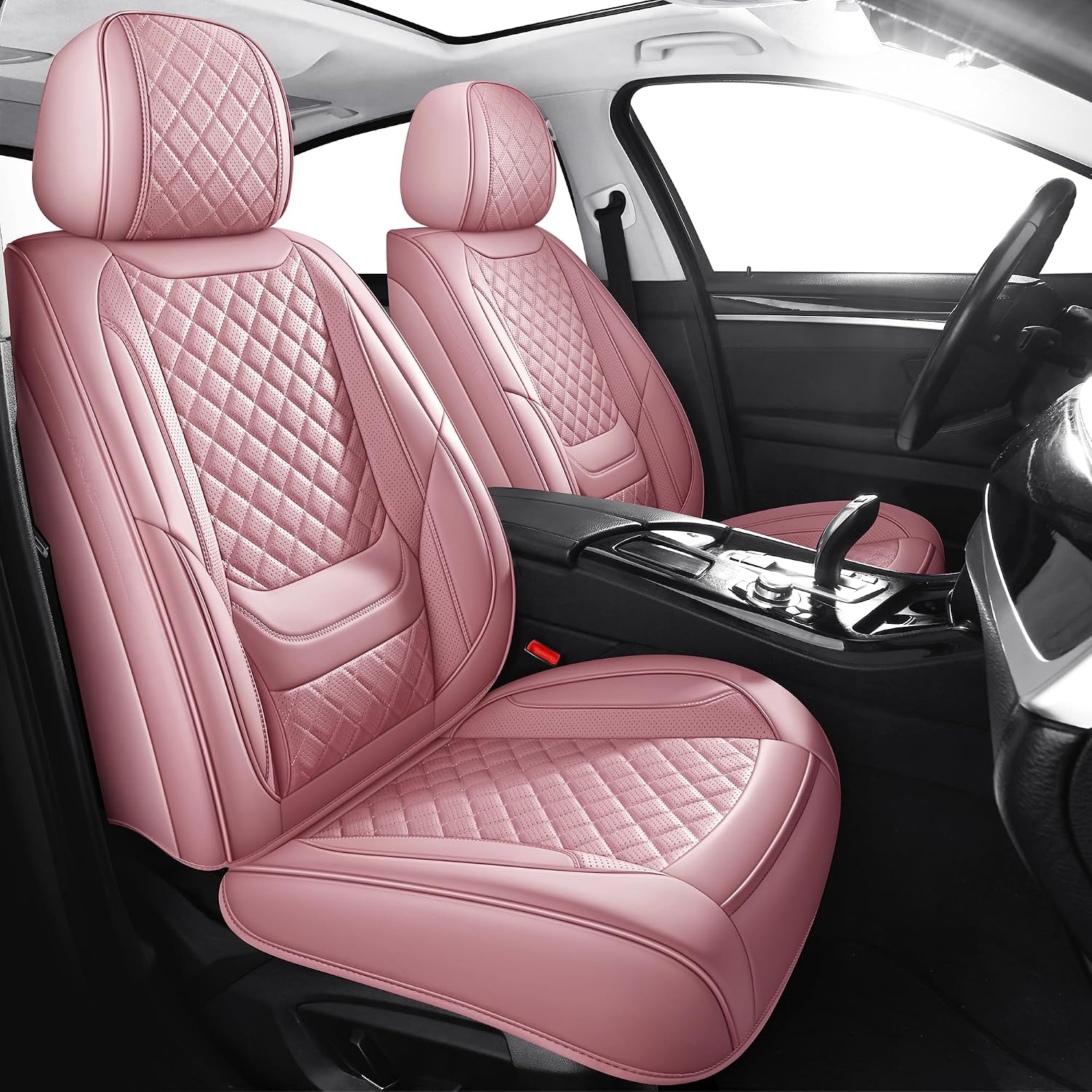 Universal Leatherette Car Seat Covers Full Set with Waterproof Cushion Protection and Pink Interior Design